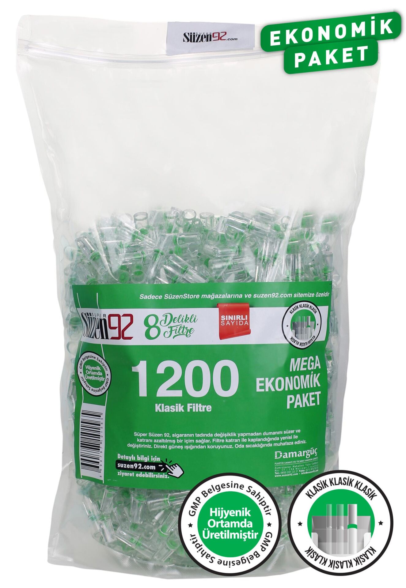 Süzen92 Cigarette Mouthpiece Filter Classic 1200 Pieces 8-Hole Filter Special Series