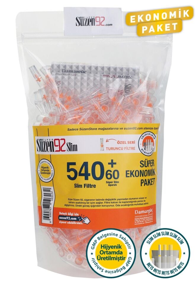 Süzen92 Sigara Ağızlığı Filtresi Slim 540'lı Ekonomik Poşet + 60'lı Adaptör