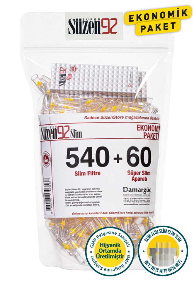 Süzen92 Sigara Ağızlığı Filtresi Slim 540'lı Ekonomik Poşet + 60'lı Adaptör 