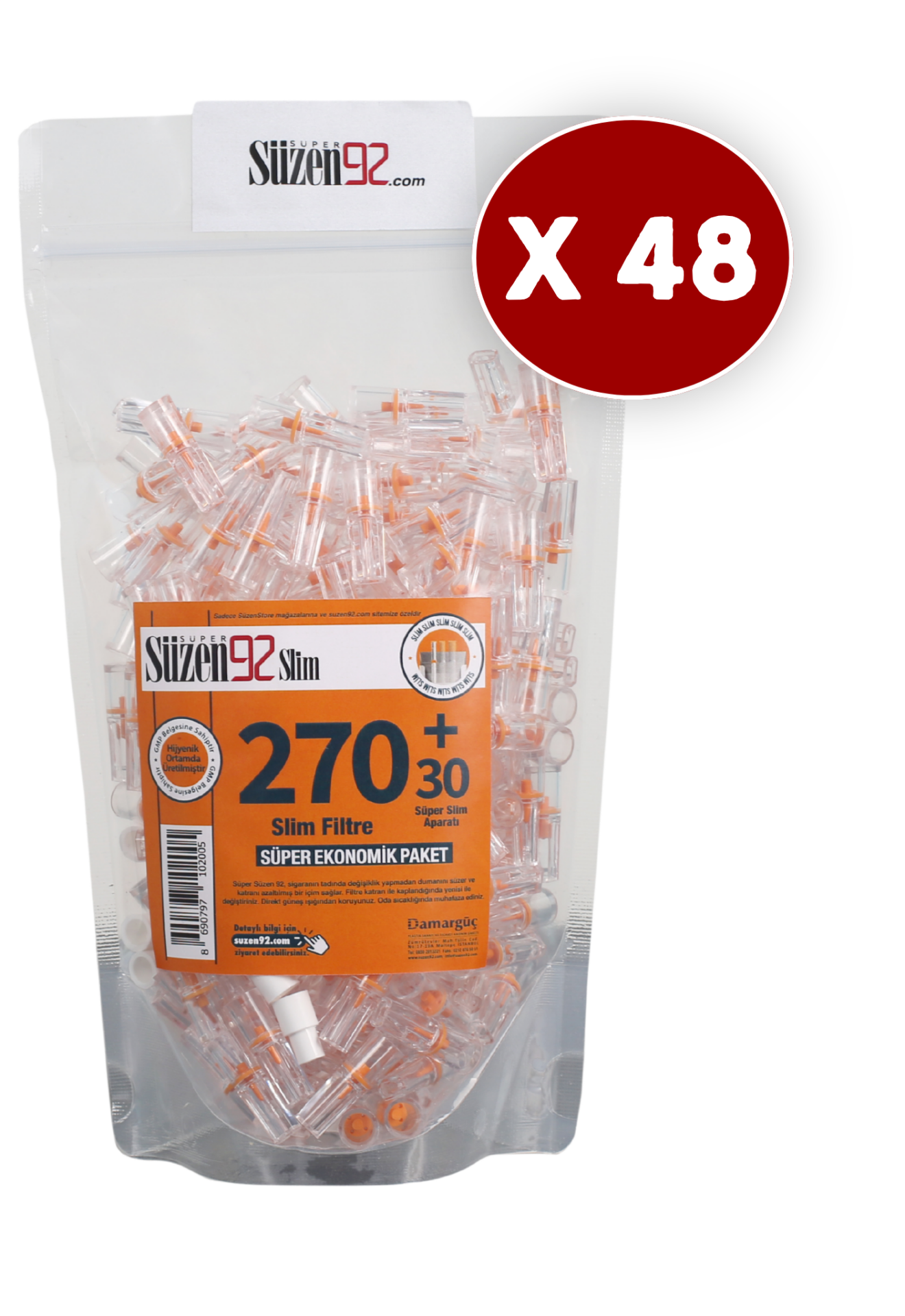 200 Süzen92 Sigara Ağızlığı Filtresi Slim 270 + 30 Adaptörlü Paket 48 Adet
