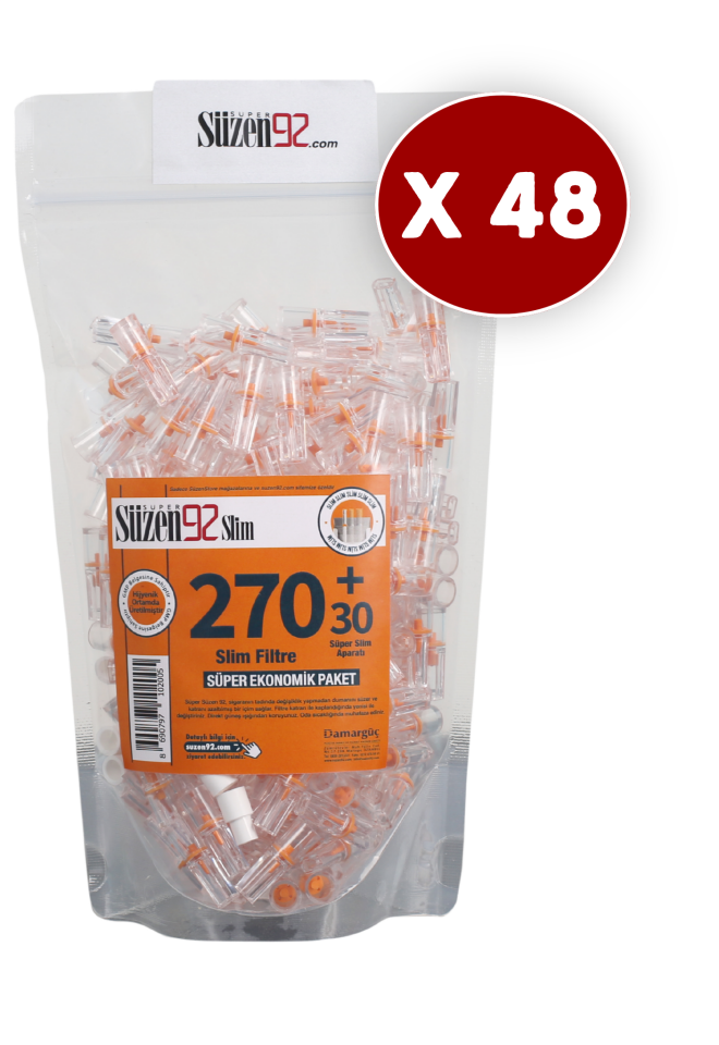 200 Süzen92 Sigara Ağızlığı Filtresi Slim 270 + 30 Adaptörlü Paket 48 Adet